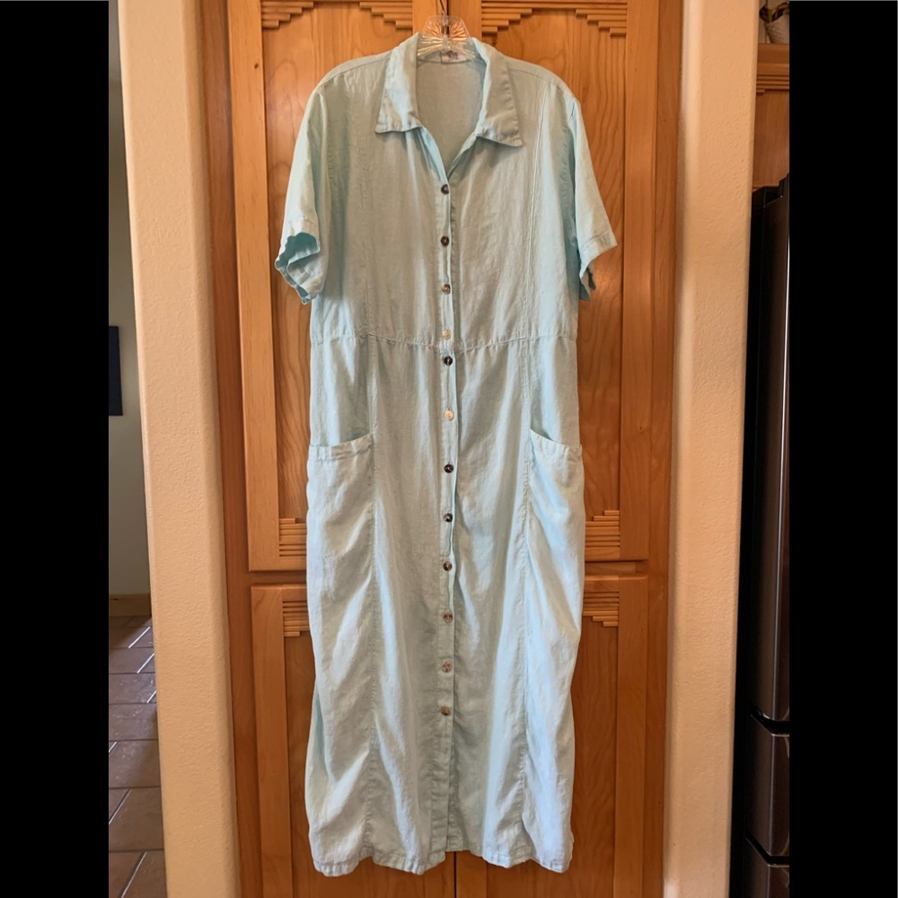 CLICK by Color Me Cotton Linen Midi DRESS  Pale Aqua  Size M